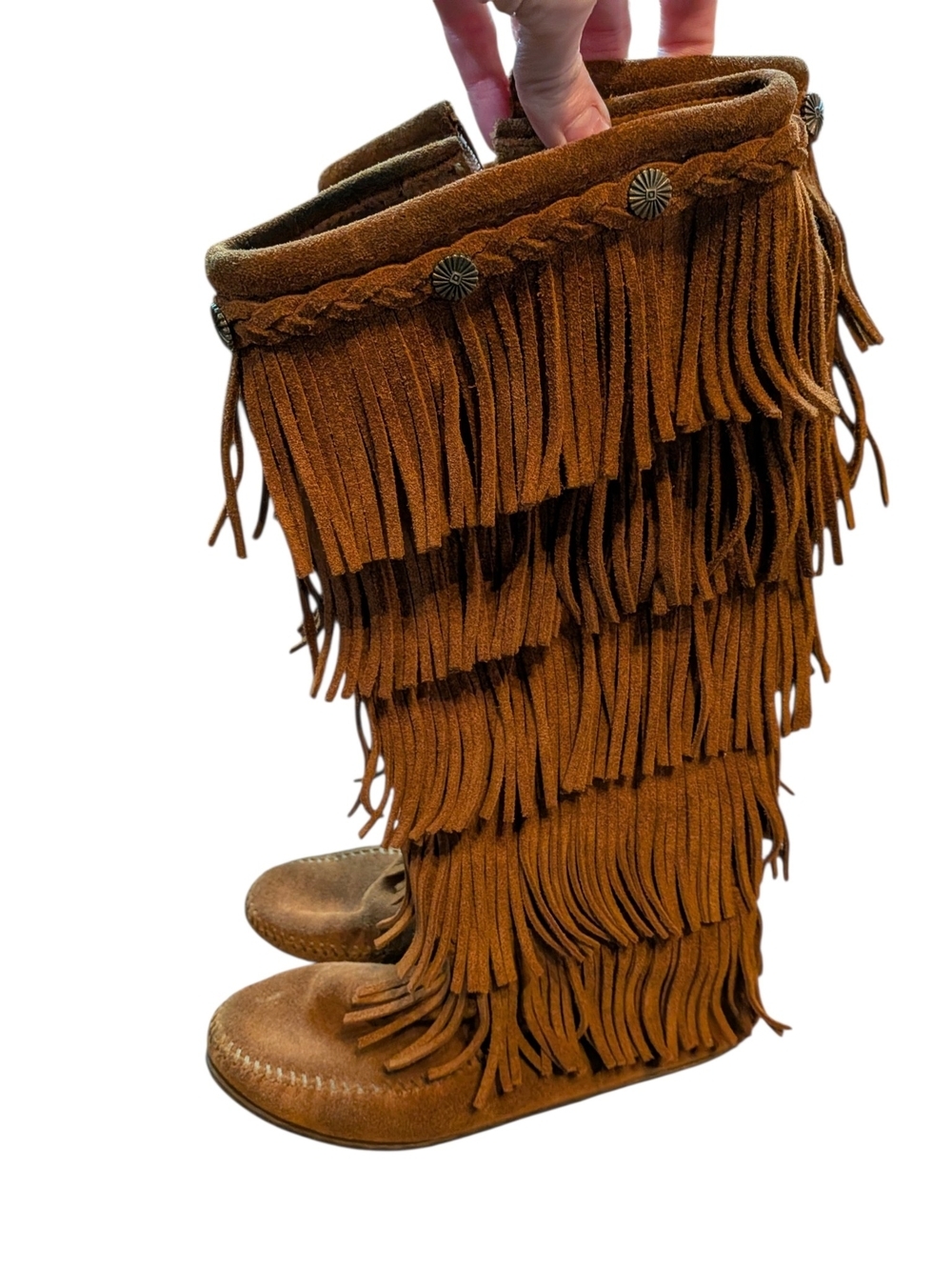 Minnetonka Chestnut Fringe Suede Knee Boots - Picture 2 of 16